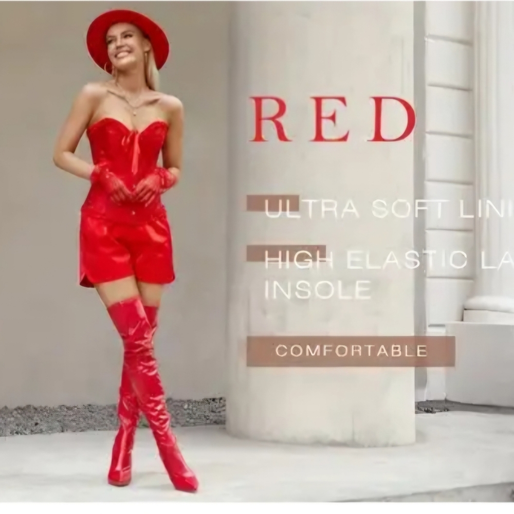 Red thigh high boots